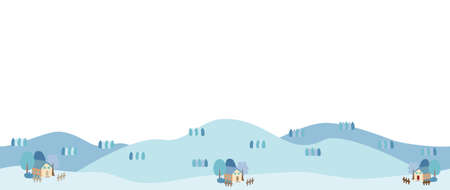 Banner illustration of a hill and a house in a winter landscape.のイラスト素材