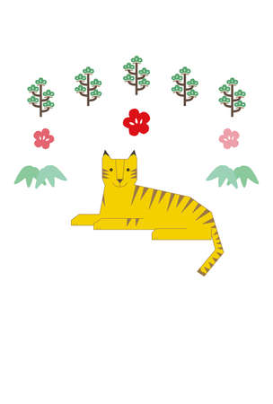 New Year's card illustration designed with lying tiger, pine tree, plum blossom, bamboo grass.のイラスト素材