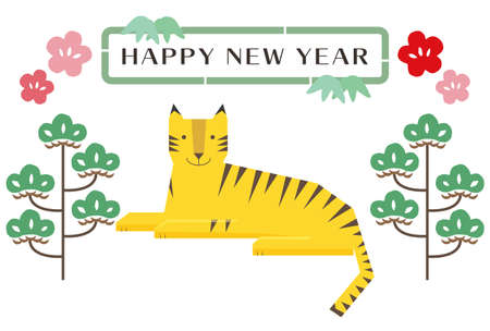 New Year's card illustration designed with a frame of lying tiger, pine tree, plum blossom, bamboo.のイラスト素材