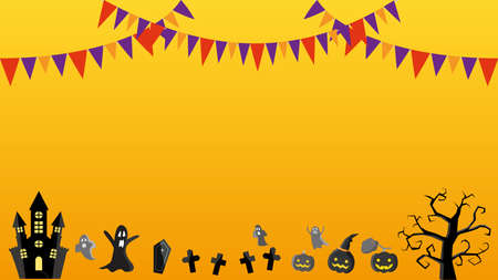 Halloween message card illustration with jack-o-lanterns, ghosts, castles, tombs and trees.のイラスト素材