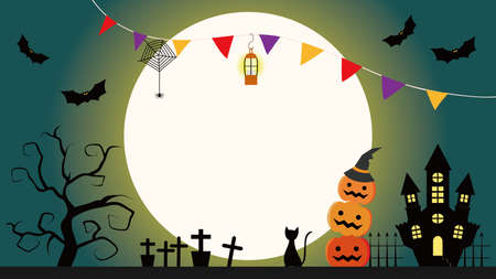 Halloween message card illustration with jack-o-lanterns, ghosts, castles, tombs and trees.のイラスト素材