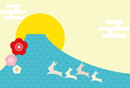 New Year's card illustration of the sun, Mt. Fuji, plum blossoms, and four rabbits.のイラスト素材