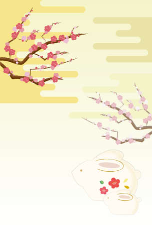 Illustration of a plum tree with flowers and a rabbit.のイラスト素材