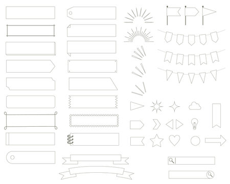 Set of decorative illustrations of labels, ribbons, garlands, etc.(Line drawing version)のイラスト素材