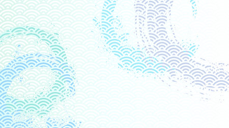 Horizontal background illustration combining Japanese wave patterns and round brush strokes.のイラスト素材