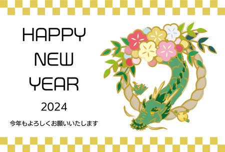 New Year's card with hand-drawn dragons and new year wreath decorations.Japanese characters:Looking forward to another wonderful year.のイラスト素材