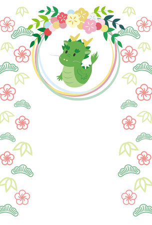 New Year's card illustration with dragon, wreath, pine, bamboo, and plum blossom patterns.のイラスト素材