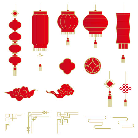 Vector illustration set of Chinese style lanterns, decorative items and frame parts.のイラスト素材
