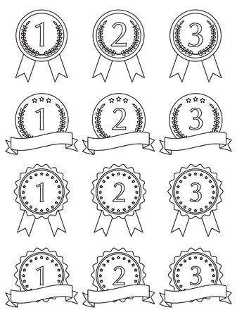 Vector illustration of a set of variations of line drawing gold, silver and bronze medals.のイラスト素材