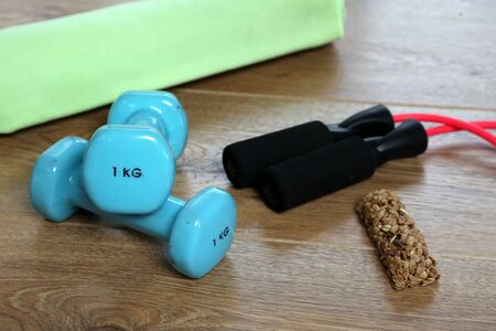 Fitness equipment and foodの写真素材