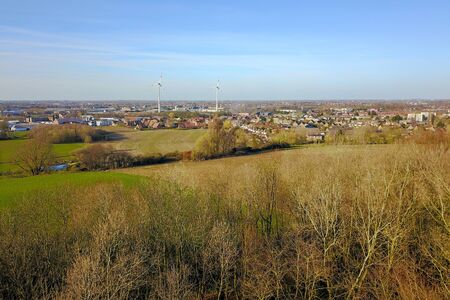 Aerial view on wind turbines and on the countrysideの写真素材