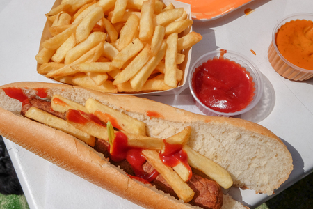 Package of fries with saucesの写真素材