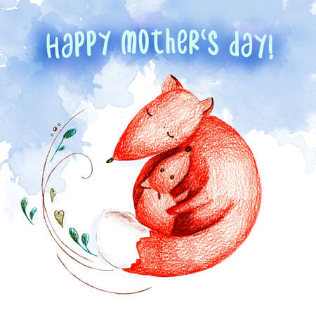 Happy mother's day card. Little fox with momの写真素材