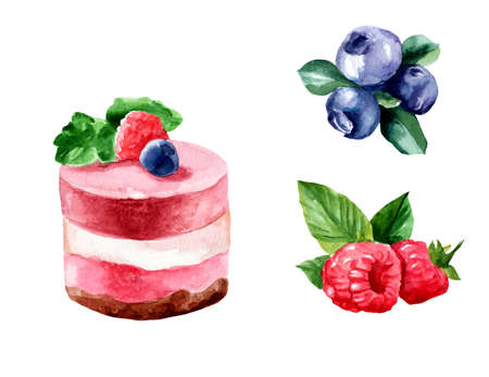 Watercolor drawing of a cake with berries and cream. Raspberries and blueberriesの写真素材