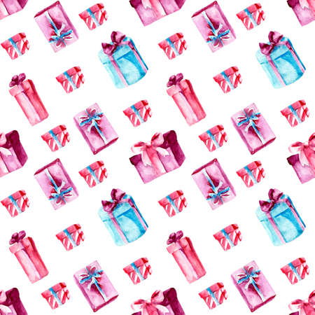 Watercolor pattern. Gifts and ribbons on white backgroundの写真素材
