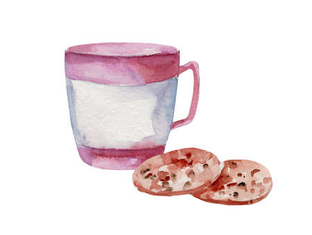 Watercolor illustration of a mug with tea and cookies with chocolate chips on a white backgroundの写真素材