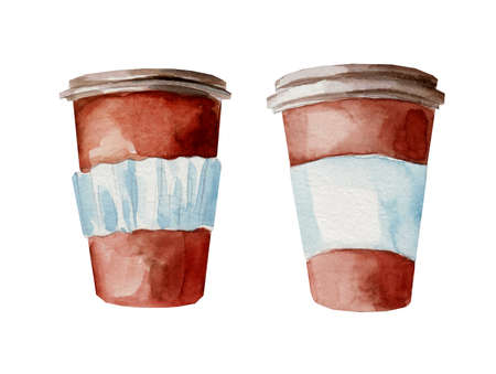 Watercolor illustration of paper cups for coffee on a white background. Biodegradable tableware. Takeaway drinks.の写真素材
