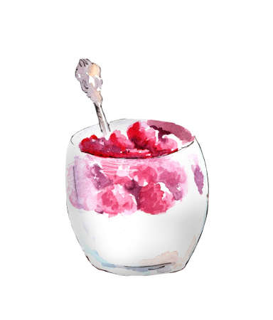 Watercolor illustration of creamy mousse with raspberries in glass glasses. Sweets for a healthy diet.の写真素材