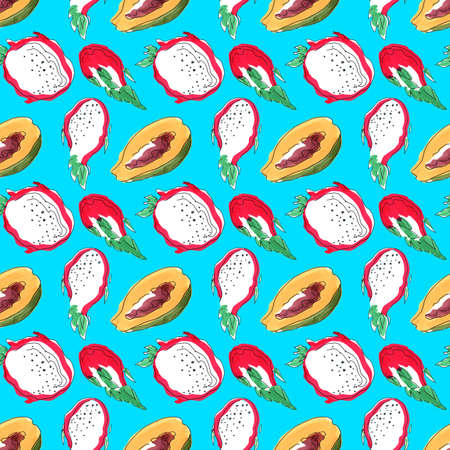 Seamless pattern with markers. Delicious cut and whole dragon fruit and papaya with seedsの写真素材