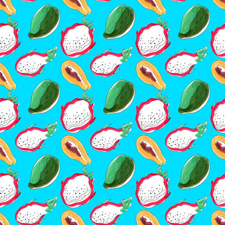 Seamless pattern with markers. Delicious cut and whole dragon fruit and papaya with seeds