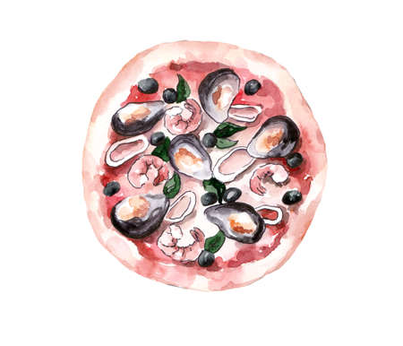 Watercolor illustration. Pizza with seafood on a white plate. Italian food. Mussels, squid, shrimps, basil and tomatoes.の写真素材