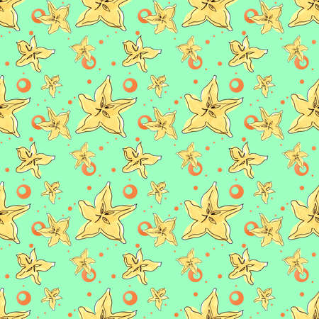 Illustration by markers. Tropical fruits. carambola. Seamless pattern.の写真素材