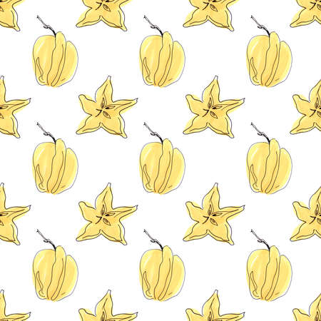 Illustration by markers. Tropical fruits. carambola. Seamless pattern.の写真素材