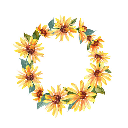 Round wreath of yellow watercolor flowers with green leaves on a white background. Autumn illustrationの写真素材