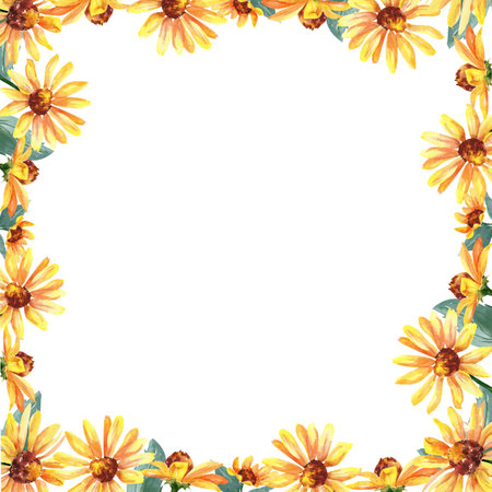 Yellow floral watercolor frame with flowers and leavesの写真素材