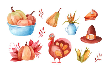 Set of watercolor illustrations. Pumpkins in a bowl, a bouquet of ears, pumpkin pie, turkey, corn, autumn decorations, autumn plants and leaves isolated on a white background. Thanksgiving illustrationの写真素材