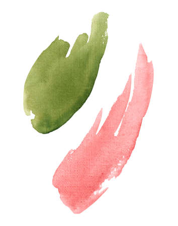 Abstract green and pink watercolor on white background. Colored splashes on paper. Hand drawn illustrationの写真素材