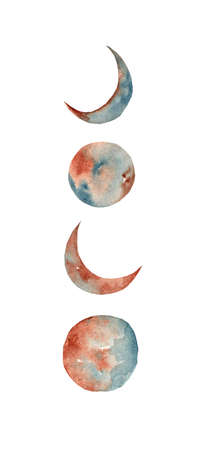 Moon phases. Mysterious stages of moonlight activity, hand drawn sacred geometry moon, magical astrology symbols, phases of the moon watercolor illustration.の写真素材