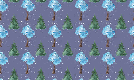 Watercolor seamless pattern. Winter blue snow-covered trees. new year christmas pattern for fabric and backgroundsの写真素材