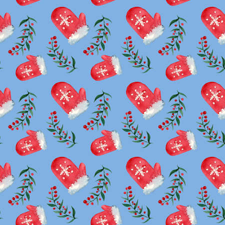 Christmas watercolor pattern. Mittens and winter branches with red berries. Template for a festive design. Winter, New Year, Christmas.の写真素材