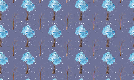 Watercolor seamless pattern. Winter blue snow-covered trees. new year christmas pattern for fabric and backgroundsの写真素材