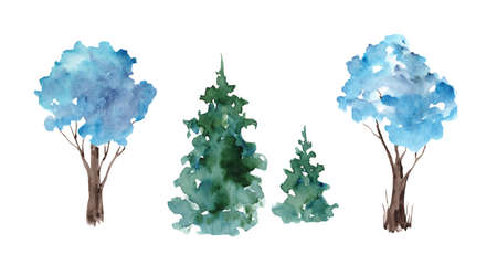 Set of watercolor illustrations of winter snow-covered blue trees on a white background. Landscape. Christmas forestの写真素材