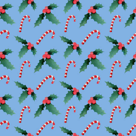 Christmas watercolor pattern. Holly and candy canes. Template for a festive design. Winter, New...