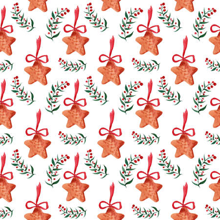 Christmas watercolor pattern. Asterisk cookies and winter twigs with red berries. Template for a festive design. Winter, New Year, Christmas.の写真素材