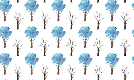 Watercolor seamless pattern. Winter blue snow-covered trees. new year christmas pattern for fabric and backgroundsの写真素材
