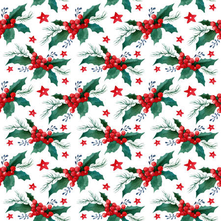 Holly winter branch and Christmas tree. Watercolor hand illustration. Seamless pattern for fabric and wrapping paper. New year christmasの写真素材