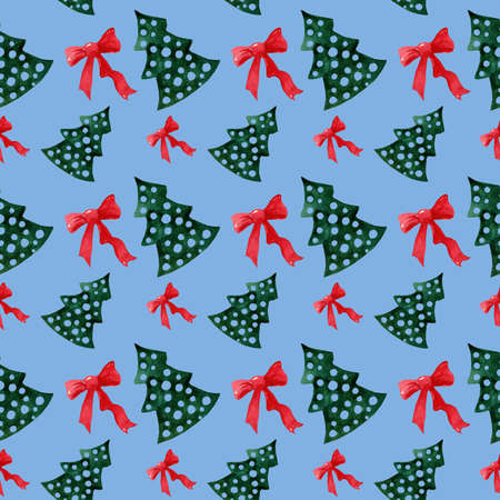 Christmas watercolor pattern. Christmas trees and bows. Template for a festive design. Winter, New Yearの写真素材