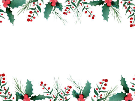 Watercolor christmas frame for design. Free space for text. Spruce and holly branches. Template for invitation cards.の写真素材