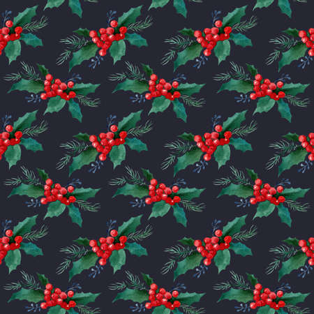 Holly winter branch and Christmas tree. Watercolor hand illustration. Seamless pattern for fabric and wrapping paper. New year christmasの写真素材