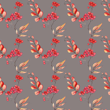 Watercolor seamless pattern with autumn leaves and branches isolated. Hand painted illustration for design kitchen, menu, textiles, paper and other print and web projects.の写真素材