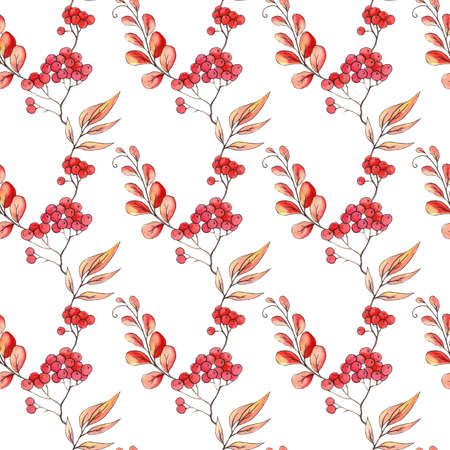 Watercolor seamless pattern with autumn leaves and branches isolated. Hand painted illustration for design kitchen, menu, textiles, paper and other print and web projects.の写真素材