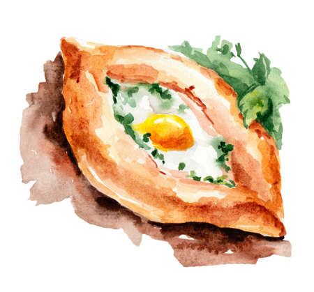Watercolor drawing of a Georgian pie with parsley leaves on a white backgroundの写真素材