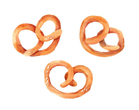 Fresh baked goods, pretzel. Hand drawn watercolor illustration isolated on white background. Bakery products. Cafe Restaurant. Oktoberfestの写真素材