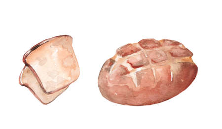 Watercolor illustration of a loaf of rye bread and slices of bread isolated on a white background. Agriculture, bakery. Eco-friendly production.の写真素材