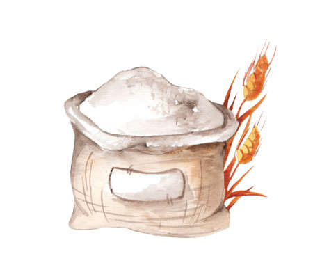 Watercolor illustration of a bag with flour and ears of wheat isolated on a white background. Agriculture, bakery. Eco-friendly production.の写真素材