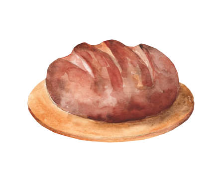 Watercolor illustration of a loaf of rye bread on a wooden cutting board isolated on a white background. Agriculture, bakery. Eco-friendly production.の写真素材